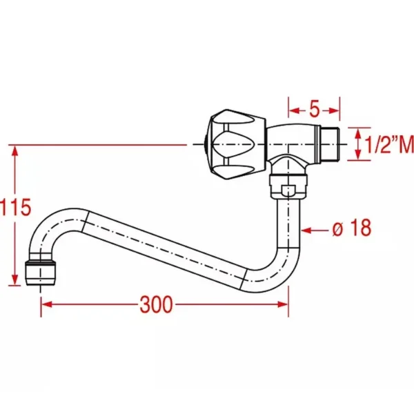 Robinet horizontal col de cygne Ø 18x300 mm 00503303 avec débit de 22 L/min à 3 bar et raccord Ø 1/2" M, conçu pour une utilisation dans les équipements professionnels CHR.